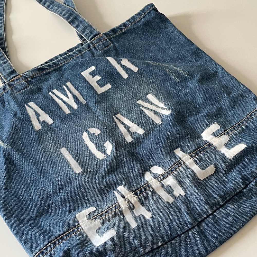 American Eagle Denim Tote Bag Boho Paint Look Printed Distressed